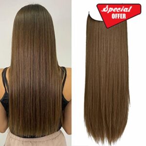 OMGREAT Synthetic Halo Hair Extensions Light Chestnut Brown Long Straight Hairpieces 22 Inch 4.4 Oz Secret Wire Headband for Women Heat Resistant Fiber No Clip