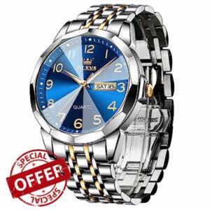 OLEVS Watches for Men Stainless Steel Analog Quartz Waterproof Luminous Luxury Dress Date Diamond Business Casual Mens Wrist Watch(Gold/Blue/Black/White Dial)