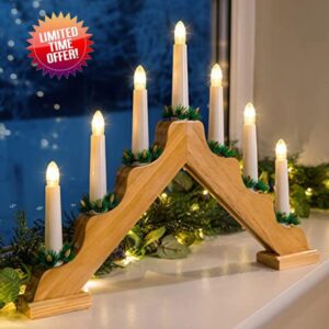 Christmas Candle Bridge Light 7 LED Battery Operated Wooden Decoration (Natural)