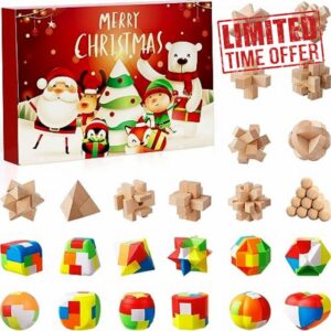 Uniyumy 2023 Christmas Advent Calendar with Puzzle Solving - 24-Day Brain Teaser Challenge - Includes Wooden Locks and Plastic Puzzles - Fun Countdown Calendar Activity for Kids and Adults