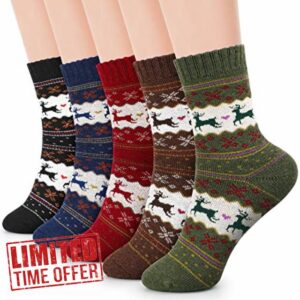 Airabc Thermal Winter Women Socks 5 Pairs Wool Warm Knitting Ladies Socks Vintage Style Soft Cotton Thick Woman Bed Sock Multicoloured for Home Office School Hiking