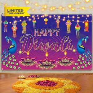 Happy Diwali Backdrop Banner- 71 x 43 Inch Happy Diwali Decorations Diwali Wall Backdrops- Happy Diwali Banner Photography Background for Indian Deepavali Party Front Door Garden Fence Garage