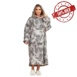 Dreamscene Extra-Long Tie Dye Oversized Hoodie Blanket Sweatshirt Soft Sherpa Heart Fleece Throw Cosy Wearable Hooded Blanket Big Jumper - Charcoal