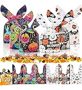 200PCS Halloween Sweets Bags for Trick or Treat, Ahfulife Halloween Cellophane Candy Bags Treat G...