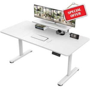 TRIUMPHKEY 160x70cm Large Height Adjustable Standing Desk with Monitor Shelves Height Adjustable Electric Standing Desk Storage Shelf Height Adjustable Desk Home Office Splice Board White