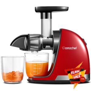 AMZCHEF Juicer Machines - Cold Press Slow Juicer - Masticating Juicer for Whole Fruits and Vegetables - Delicate Chew No Need to Filter - BPA Free Juice Extractor with 2 Cups and Brush - Red            [Energy Class A+++]