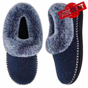 EverFoams Ladies' Luxury Wool Memory Foam Slippers with Fluffy Faux Fur Collar and Indoor Outdoor Sole