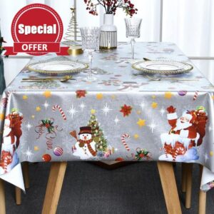 Plenmor Christmas Table Cloth Wipe Clean Christmas Tablecloth Xmas Sliver PVC Plastic Wipeable Waterproof Rectangular Table Cover Decoration for Festive New Year Kitchen Picnic (137 x 275 cm)