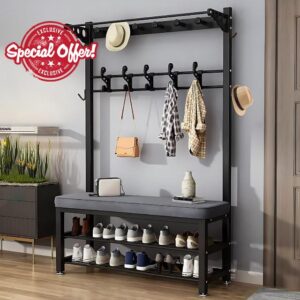 Hall Tree with Removable Hooks and 2-Tier Shoe Stand