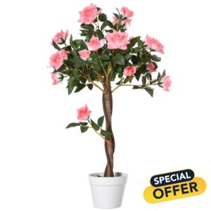 Outsunny 90cm/3FT Artificial Rose Tree Fake Decorative Plant w/ 21 Flowers Pot Indoor Outdoor Faux Decoration Home Office Décor Pink & Gree