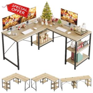 Bestier L Shaped Desk with Shelves Reversible Corner Desk 240CM Industrial Long Table Stable Desk L Shape Computer Workstation with 3 Cable Holes