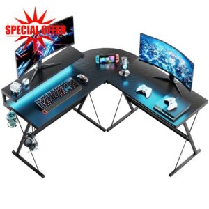 Bestier L Shaped Gaming Desk 140CM Computer Desk with LED Lights Corner Desk with Cup Holder and Headphone Hook Modern Workstation Ergonomic for Home Office