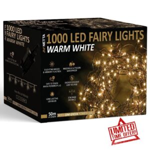 NETTA Christmas Tree Fairy Lights 1000 LED 50m Warm White with 8 Different Modes; for Outdoor & Indoor Use