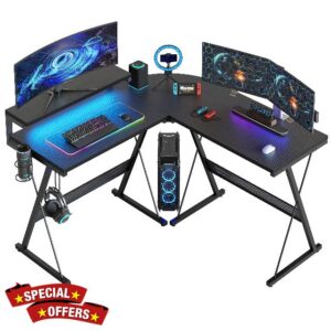 Bestier L Shaped Gaming Desk Computer Desk with LED Lights Monitor Stand 130CM Corner Desk with Cup Holder Headset Hook Ergonomic for Home Office Small Space