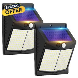 Security Lights Outdoor Motion Sensor - Solar Powered Outside Wall Lighting 144 LED Solar Light Garden Fence IP65 Waterproof External Sensor Solar Lights for Front Door Yard Garage (2 Pack)
