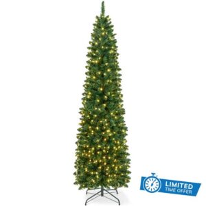 VeryMerry 5FT Pre Lit Christmas Tree Aspen Slim Pencil Tree with 200 Built-In Warm White LED Lights with Auto-Off Timer