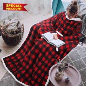 Catalonia Classy Tartan TV Blanket with Sleeves and Pockets Double-Sided Blanket Microplush Fleece Sherpa Warm Blankets for Adults Women Men