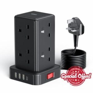 Tower Extension Lead with 8 Way Multi Plug Extension Tower & 4 USB Ports (13A 3250W)