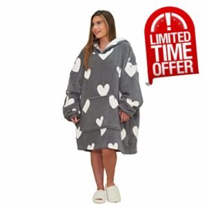 Dreamscene Heart Print Hoodie Blanket Sherpa Lined Fleece Womens Plush Oversized Giant Pull Over Soft Jumper Wearable Throw