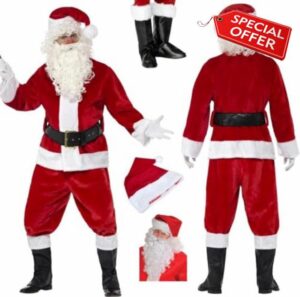 SKYTE® LUXURY CHRISTMAS SANTA SUIT Costume Deluxe Outfit and Accessories 5 Piece for Adults Xmas Party Fancy Dress Up One Size Fits All