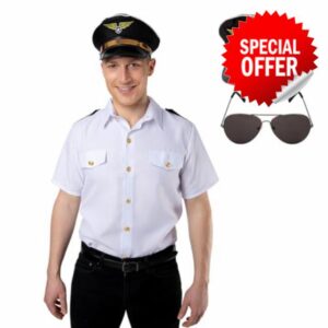 Airline Pilot White Shirt + Airline Pilot Cap + Aviator Style Glasses : Adult Men Flyer Air Force Flying Theme Fancy Dress Costume Accessories
