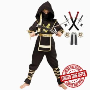MISS & MR BM Kids Ninja Costume Deluxe Boys Role Play Dress Up Ninja Outfit with Ninja Weapons Set for World Book Day