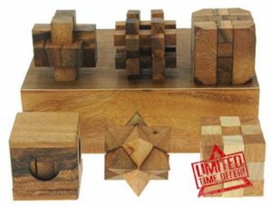 Namesakes® Brain teasers for adults – 3D Wooden puzzles – Fun IQ logic games (x6) – Xmas novelty gifts for men or women – Box set handcrafted from wood