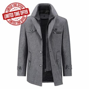 YOUTHUP Mens Winter Coat Mid Length Thick Wool Trench Coats Regular Fit Padded Military Peacoa