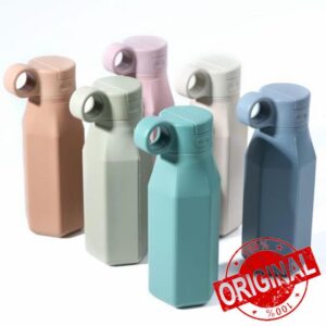Aloonii Fun & Safe Kids Silicone Bottle with Straw & Button-Activated Flip Up Lid Unique Drinking Bottle Suitable for Toddlers and Older Kids (Grey Blue)