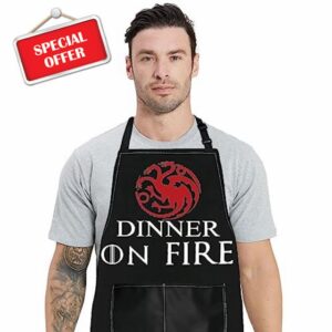 WZMPA Targaryen Dragon Kitchen Apron Dragon TV Show Fans Gifts Dinner On Fire Ajustable Apron With Pockets For Cooking Grilling Baking