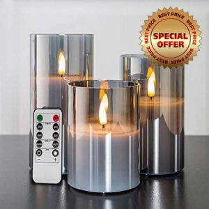 Eywamage Silver Grey Glass Flameless Flickering Candles with Remote