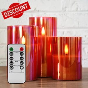 Eywamage Red Glass Flameless LED Candles with Remote