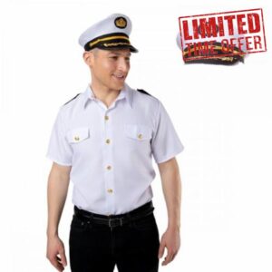 Captain White Shirt + Classic Captain Hat : Adult Men Sea Sailor Maritime Naval Fancy Dress Costume Accessories