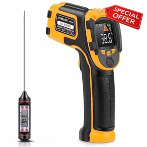 Infrared Thermometer Non-Contact Digital Laser Temperature Gun Color Display -58℉~1112℉(-50℃~600℃) Adjustable Emissivity - for Cooking/BBQ/Freezer/Food/Fridge - Meat Thermometer Included