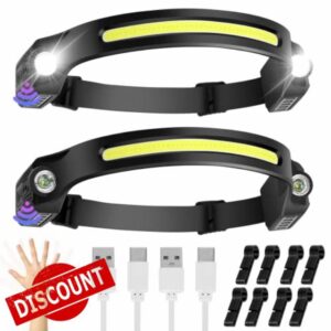 Head Torch Headlamp 2 Packs 6 Modes Motion Sensor Headlight 230 Degree Widen View Rechargeable LED Headtorch IPX4 Waterproof Hands-Free Flashlight gift for Adults Kids Camping