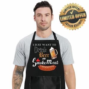 WZMPA Funny Grilling Apron With Pockets BBQ Lover Gifts I Just Want To Drink Beer And Smoke Meat Adjustable Apron For Men Wome