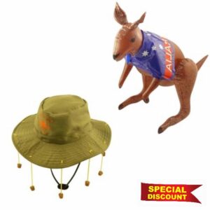 MISSHASHTAG® Adult Australian Cork Hat & Inflatable Kangaroo Aussie Australia Fancy Dress Ki