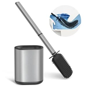 Stainless Steel Silicone Toilet Brush and Holder Flexible Soft Silicone Toilet Brush for Deep Cleaning with Long Handle Wall Mounted Grey