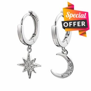 CZ Moon Star Dangle Small Hoop Earrings for Women Girls Sterling Silver Charms Crystal Asymmetrical Snowflake Crescent Drop Mini Cartilage Clip Jewelry Delicate Fashion Birthday Gifts