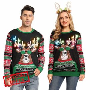 Belovecol Unisex LED Light Up Christmas Jumper Ugly Xmas Sweater Funny Printed Knitted Holiday Pullover for Men and Wome
