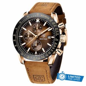 BY BENYAR Watch for Men Men's Watch Chronograph Analogue Quartz Waterproof Business Black Dial Wrist Watch with Leather Strap Gift for Me