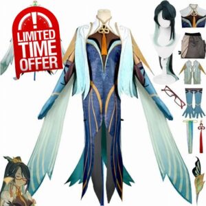 Mr.LQ Genshin Impact Cloud Retainer Cosplay Costume Outfit Toy Figure Uniform Wig Earring Headpiece Glasses Full Set Halloween Party Dress Up Sui