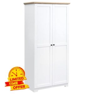 HOMCOM 172cm Wooden Storage Cabinet Cupboard With 2 Doors 4 Shelves White Living Room Bedroom Office