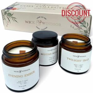 Crackling Wick and Windsor Scented Candles Gift Set - 3 x Natural Soy Wax Scented Candles with Wooden Wicks