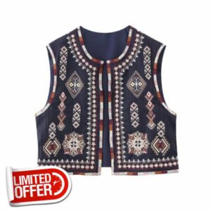ESUKAR 2023 Autumn New Vintage Fashion Versatile Flower Pattern Embroidered Open Front Short Outerwear Ves