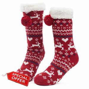 MaaMgic Slipper Socks Women Girls Premium Soft Home Non-Slip Bootee Winter Wool Socks Extra Warm Thermal Knit With Pompoms Decoration for Ladies