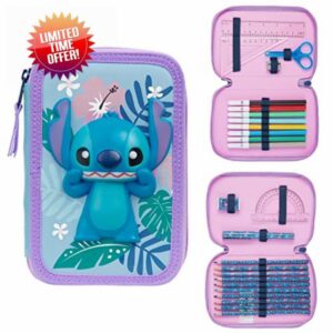 Disney Stitch Pencil Case with Stationery for Girls Frozen Filled Pencil Case School Supplies Colouring Pencils Coloured Markers Stitch Gifts for Girls (Stitch Double Zip)