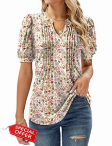 EFFAN Womens V Neck Tops Puff Short Sleeve T-Shirt Pleated Floral Printed Tunic Blouse Shirts