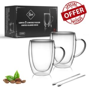 LIBWYS 2 Pack Double Walled Coffee Cups Glasses Mugs with 2 Spoons