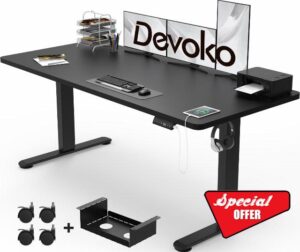 Devoko Electric Standing Desk 160x80 with USB Charging Height Adjustable Standing Desk with Desktop Sit Stand Desk Stand Up Desk Heavy Duty Steel 4 Memory Smart Pannel(Frame+Black Desktop)